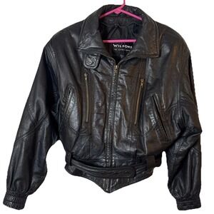 Wilsons Leather Women's Small Black Cropped Moto Jacket Belted Genuine Leather S